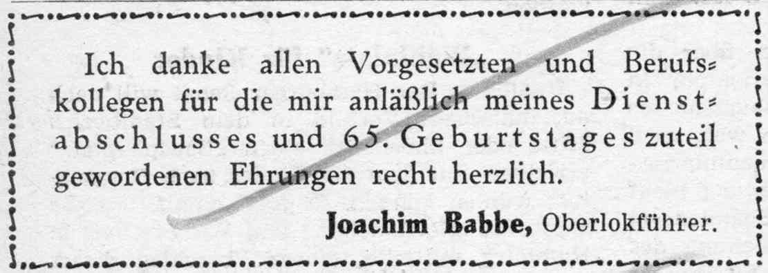 1952 05 30 HP Danksagung Joachim Babbe Oberlokführer