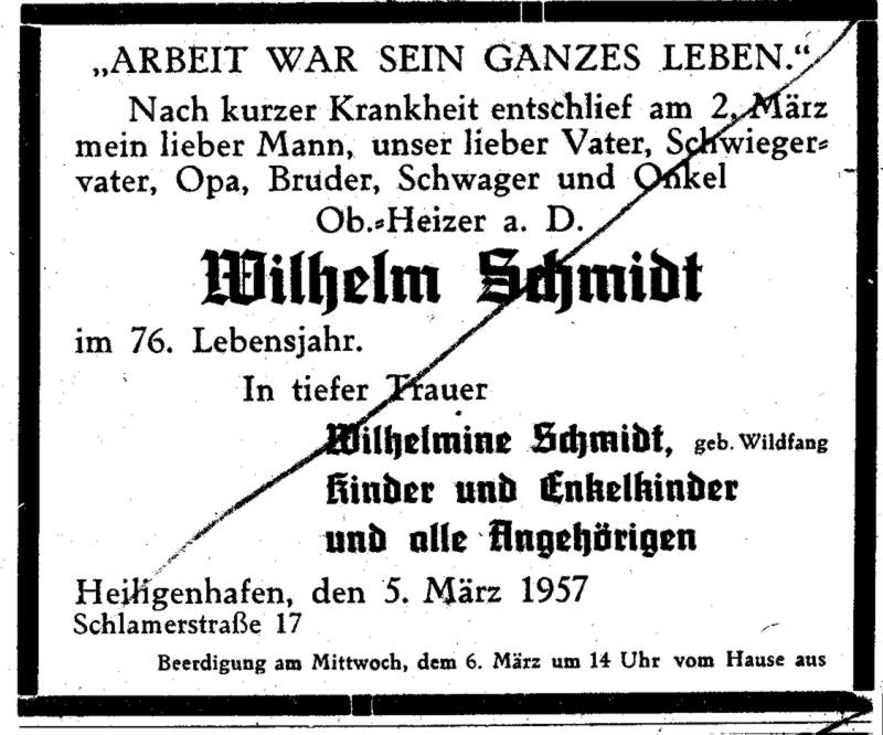 1957 03 05 Ob Heizer aD Wilhelm Schmidt starb am 2Maerz