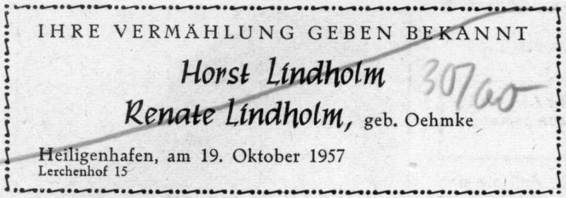 1957 10 18 Vermaehlung Horst Lindholm