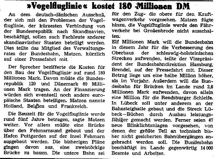1957 04 16 Vogelfluglinie kostet 180 Millionen DM