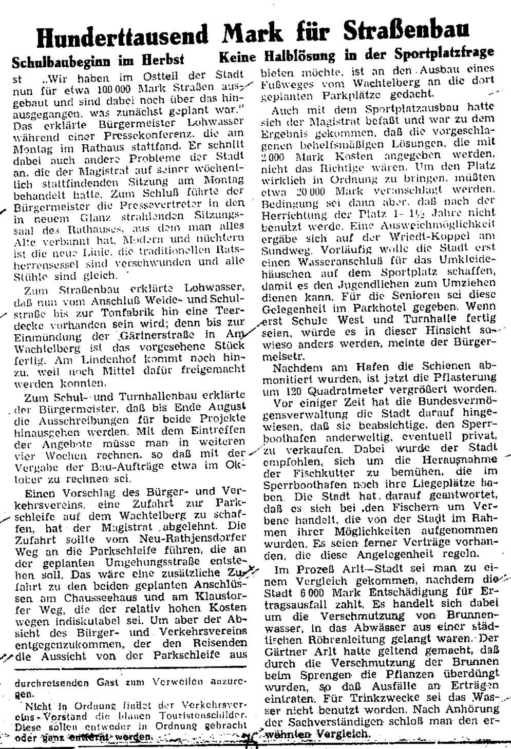 1960 07 29 Hunderttausend Mark für den Straßenbau