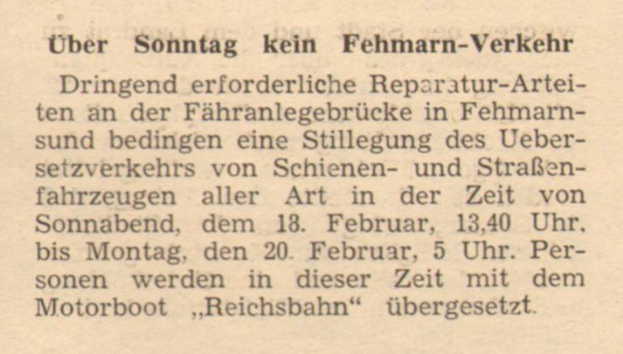 1961 02 10 Über Sonntag kein Fehmarn Verkehr