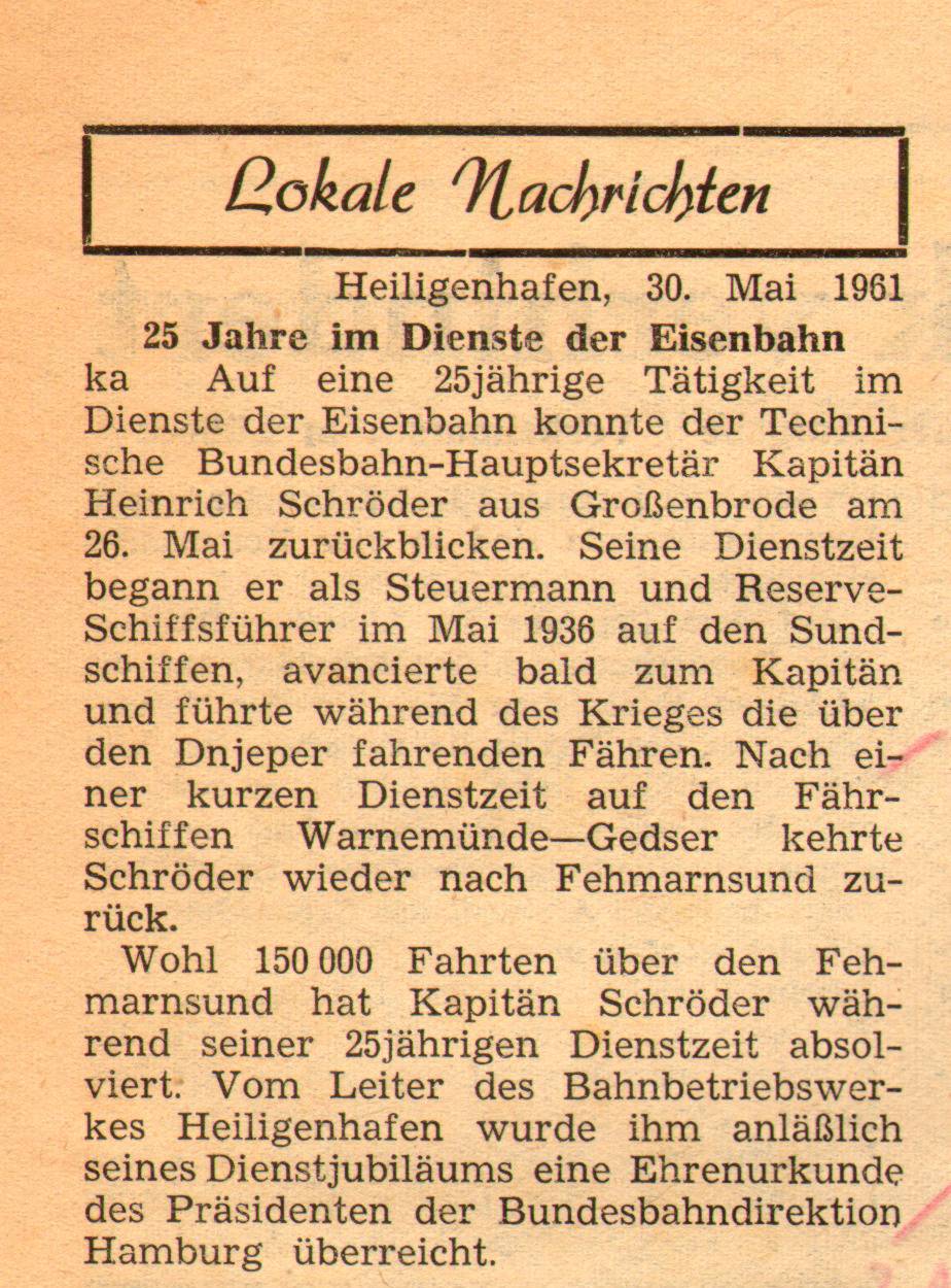 1961 05 30 25 Jahre im Dienste der Eisenbahn Kapitän Heinrich Schröder