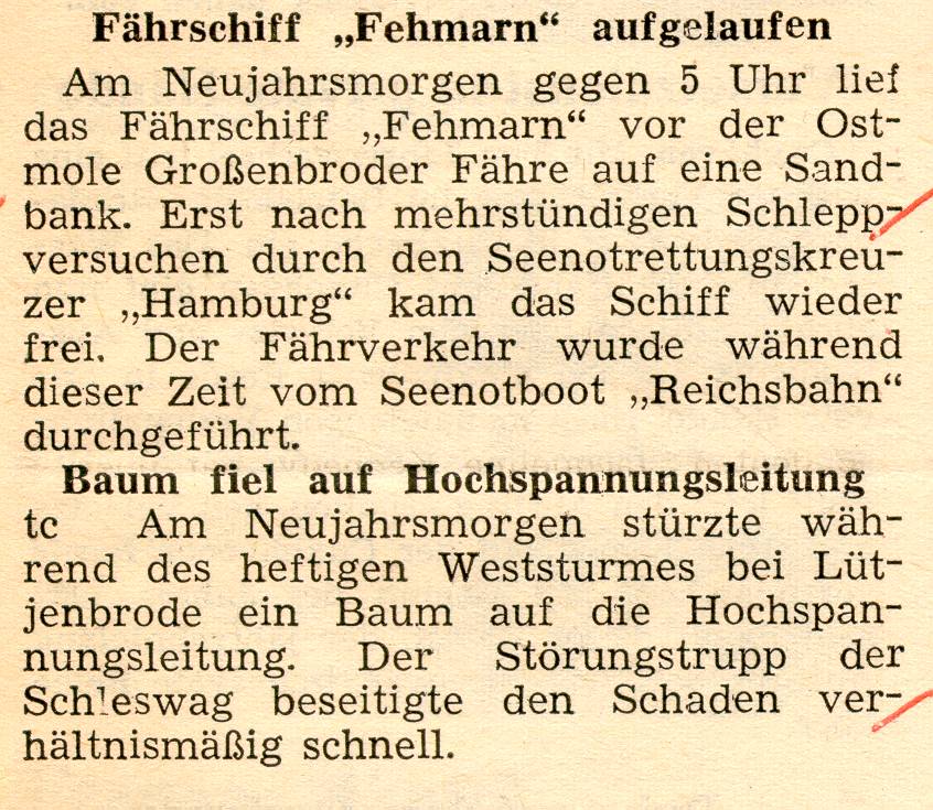 1962 01 03 Fährschiff Fehmarn aufgelaufen am Neujahrsmorgen