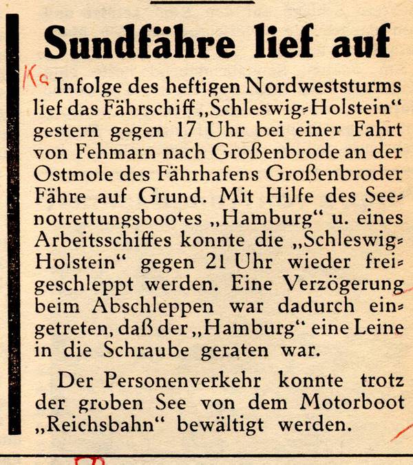 1962 02 06 Sundfähre lief auf FS Schleswig Holstein