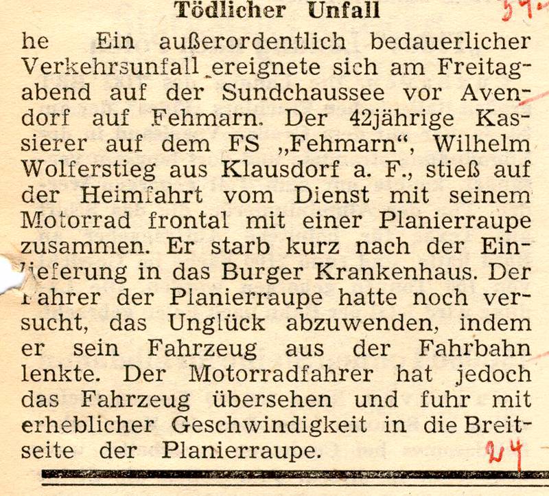 1962 03 13 Tödlicher Unfall Kassierer FS Fehmarn Wilhelm Wolferstieg