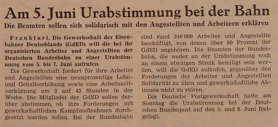 1962 05 22 Am 5 Juni Urabstimmung bei der Bahn