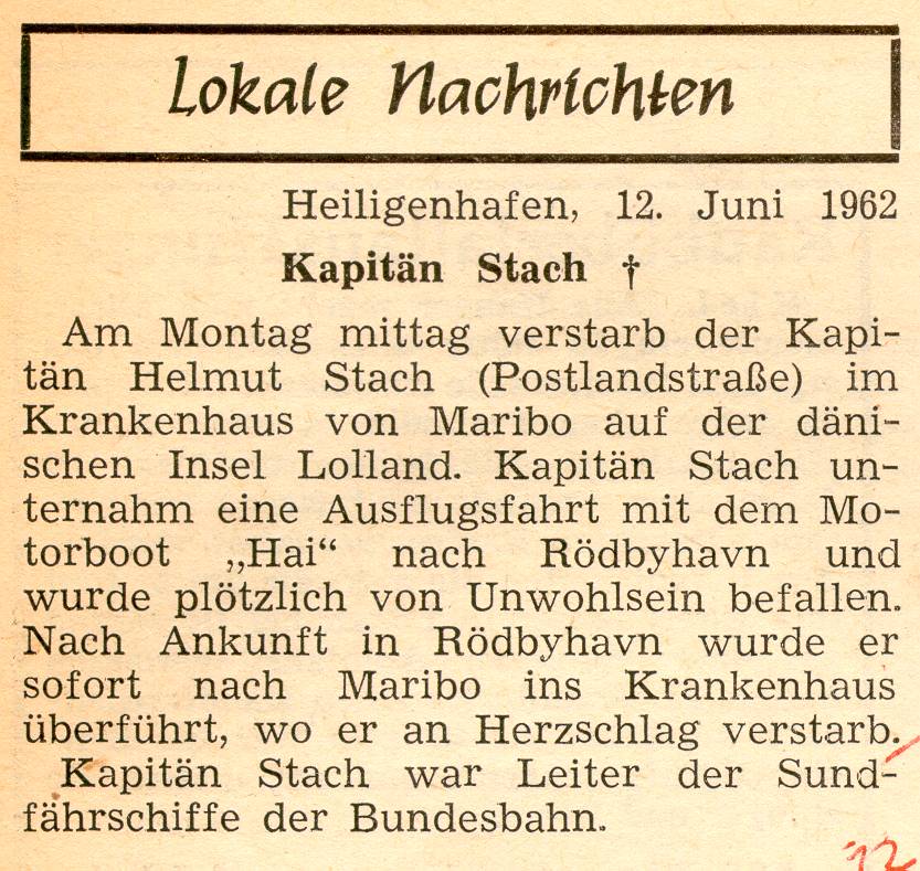 1962 06 12 Kapitän Stach verstorben er war Leiter der Sundfährschiffe