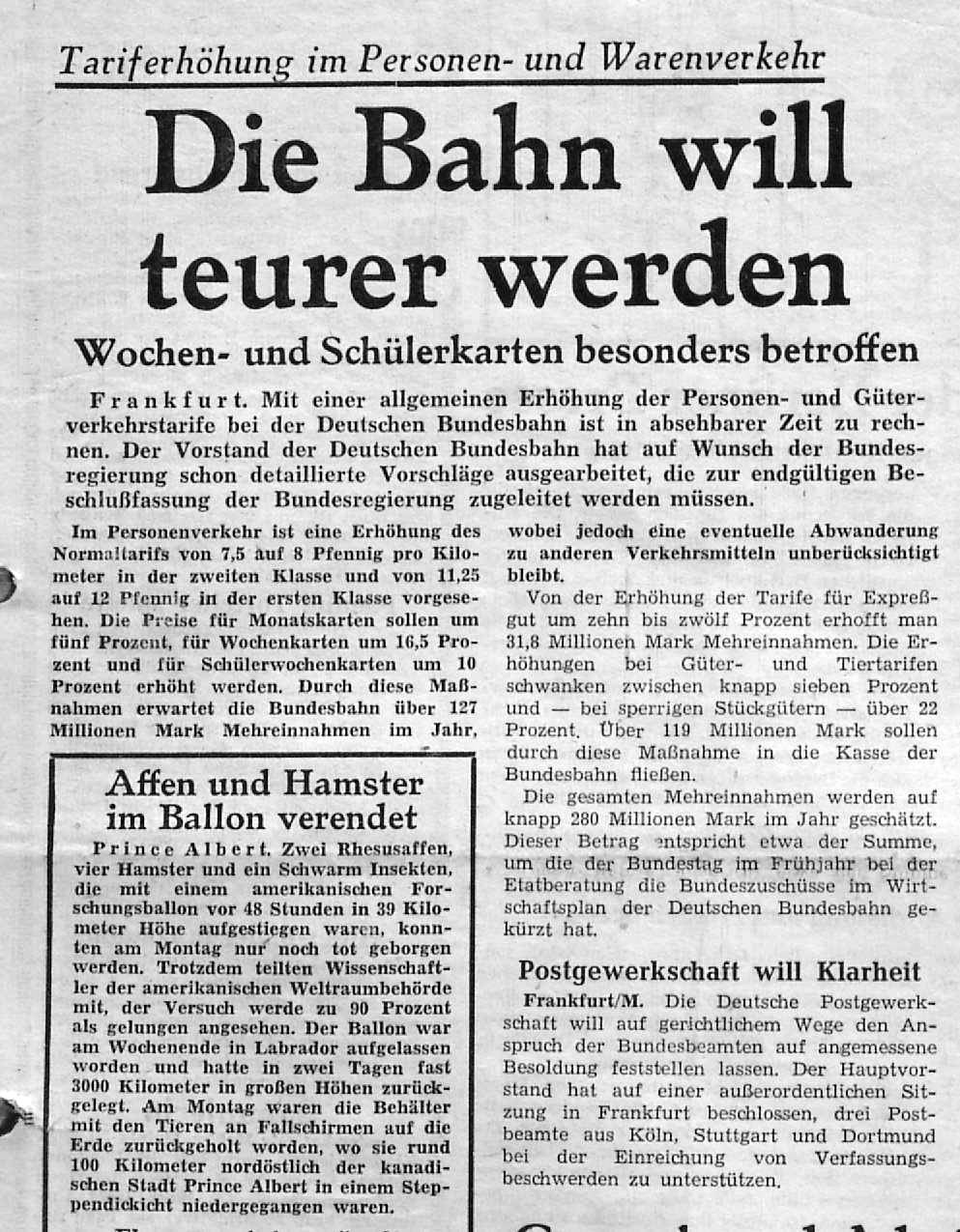 1962 07 17 Titel Die Bahn will teurer werden