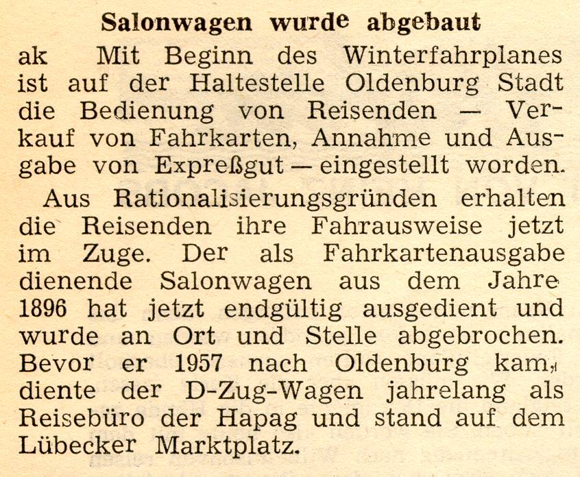 1962 12 11 Salonwagen wurde abgebaut Oldenburg Stadt