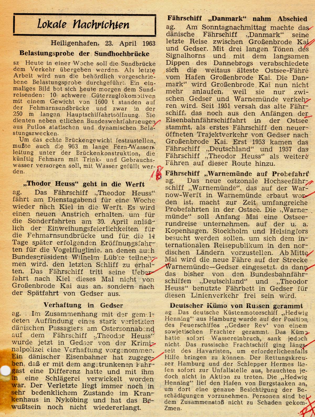 1963 04 22 Lokale Nachrichten Belastungsprobe der Sundhochbruecke Faehrschiffe