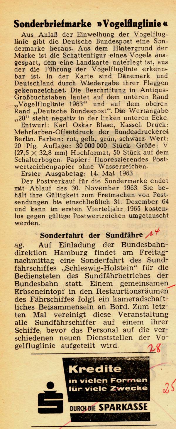 1963 04 26 27 Sonderbriefmarke Vogelfluglinie Sonderfahrt der Sundfaehre