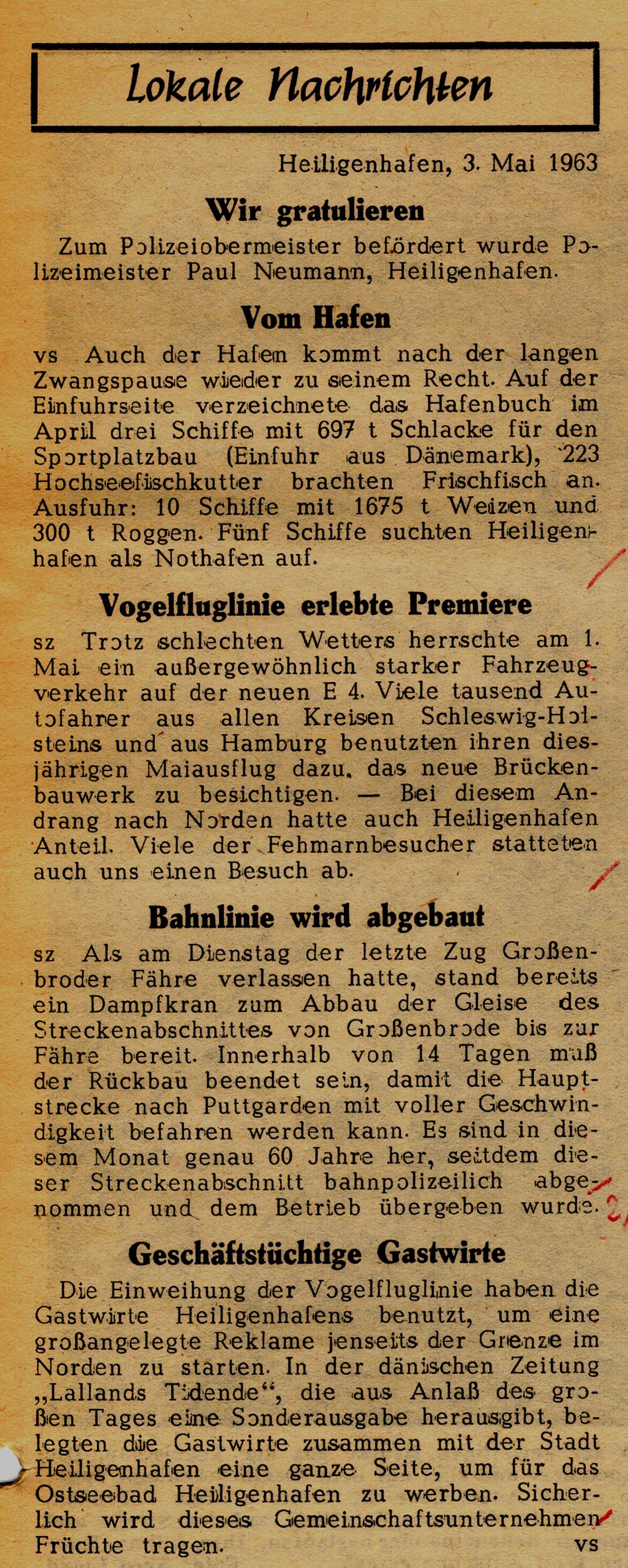 1963 05 03 Vogelfluglinie erlebte Premiere Bahnlinie wird abgebaut