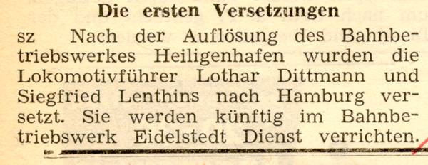 1963 06 14 Die ersten Versetzungen vom Bw Heiligenhafen nach HH Eidelstedt