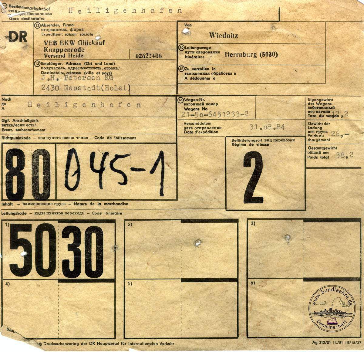 1984 08 31 Wagenzettel 31 8 84